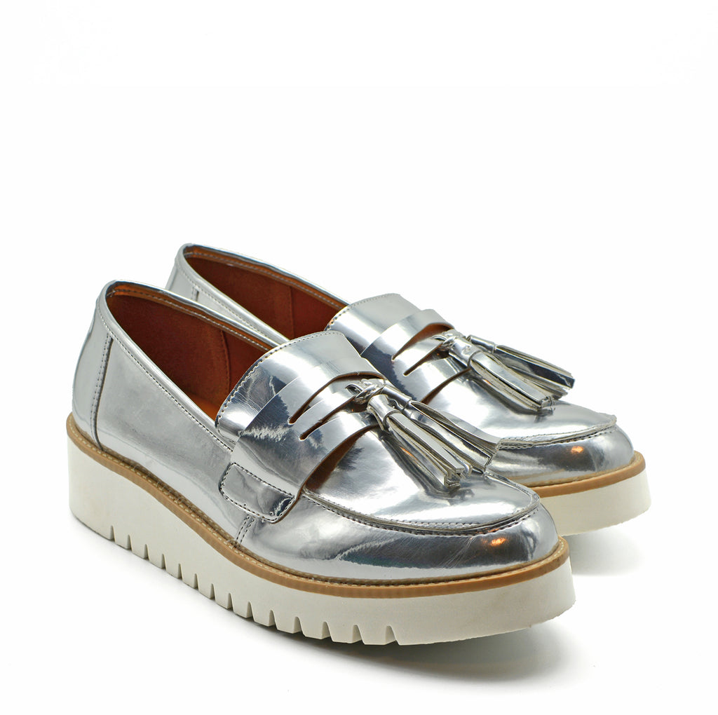 Dani Victoria Loafer Slip On Sneakers in Metallic Mirror Silver