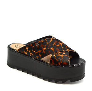 Andrea Chunky Platform Heeled Mules in Leopard Leather