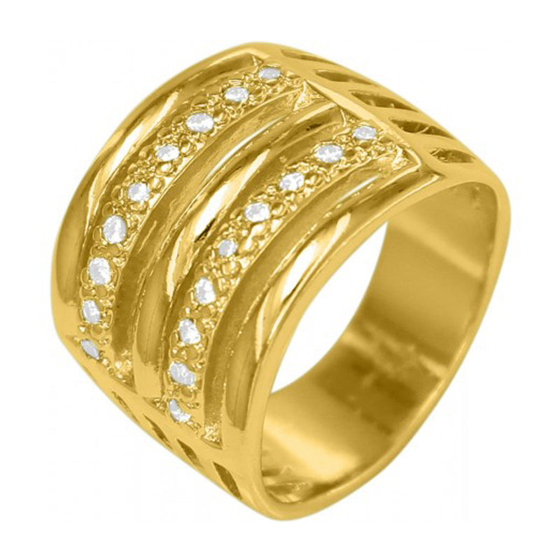 Wide 18k Gold Plated Round Ring with Rhinestone