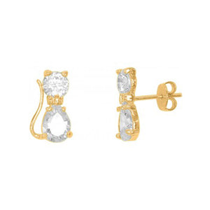 Rhinestones Kitty Cat Stud Earrings in 18k Gold Plated