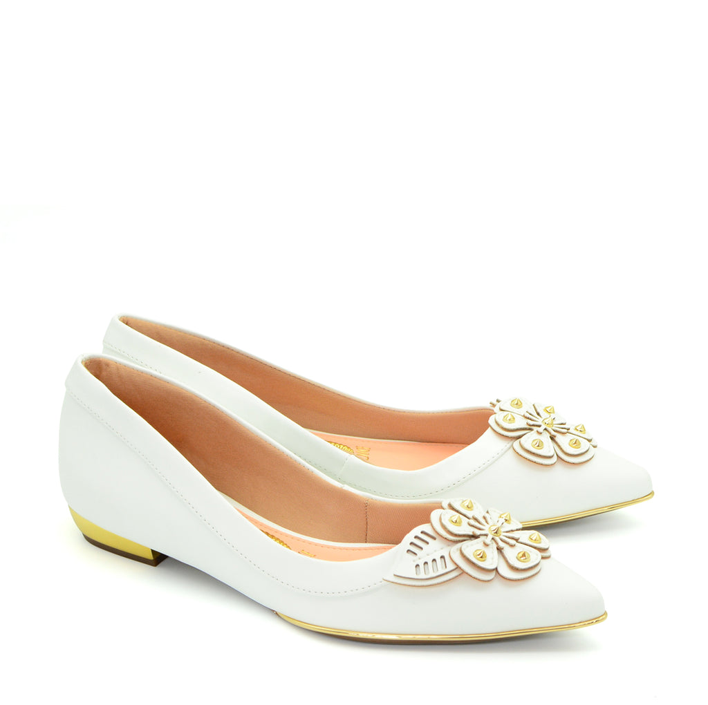 Kate Pointed Ballet Flat Shoes in White & Gold