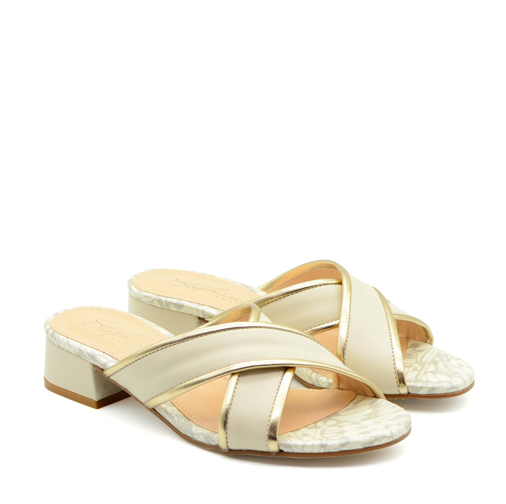 Heloise White & Gold Cross-Strap Sandals