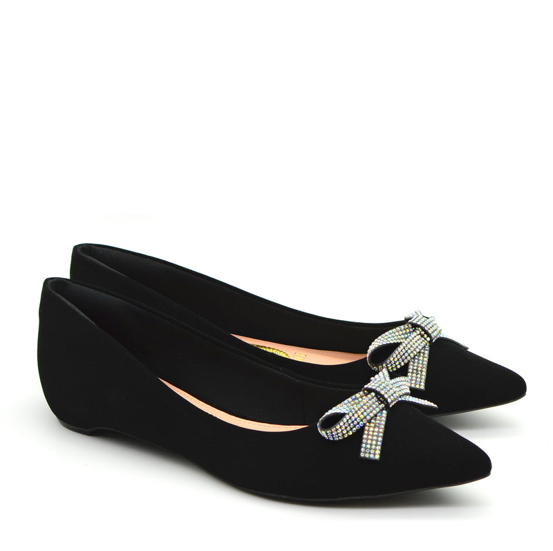 Isa Pointed Ballet Flat Shoes in Black with Silver Bow