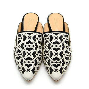 Lucia Pointed Flat Mule in Black & White Hearts