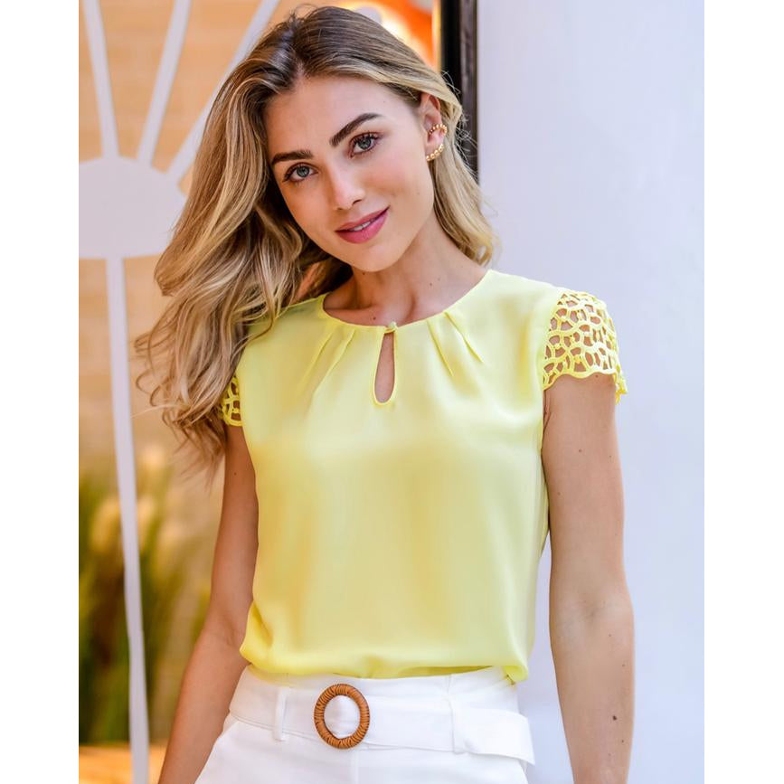 Mila Lace Shoulder Top in Yellow