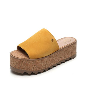 Alexa Chunky Platform Heeled Mules in Mustard Suede Leather