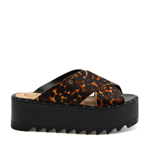Andrea Chunky Platform Heeled Mules in Leopard Leather